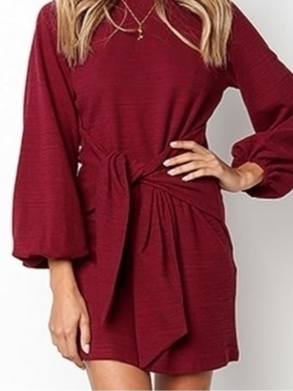 Pretty Garden sweater dress large burgundy knitted tie-front long lantern sleeve
